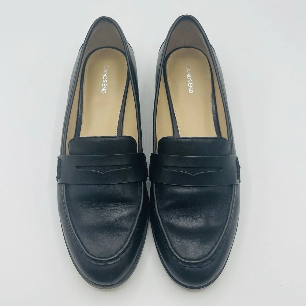 Lands End Leather Penny Loafers Womens 9.5 Black Slip On Preppy Classic Shoes
